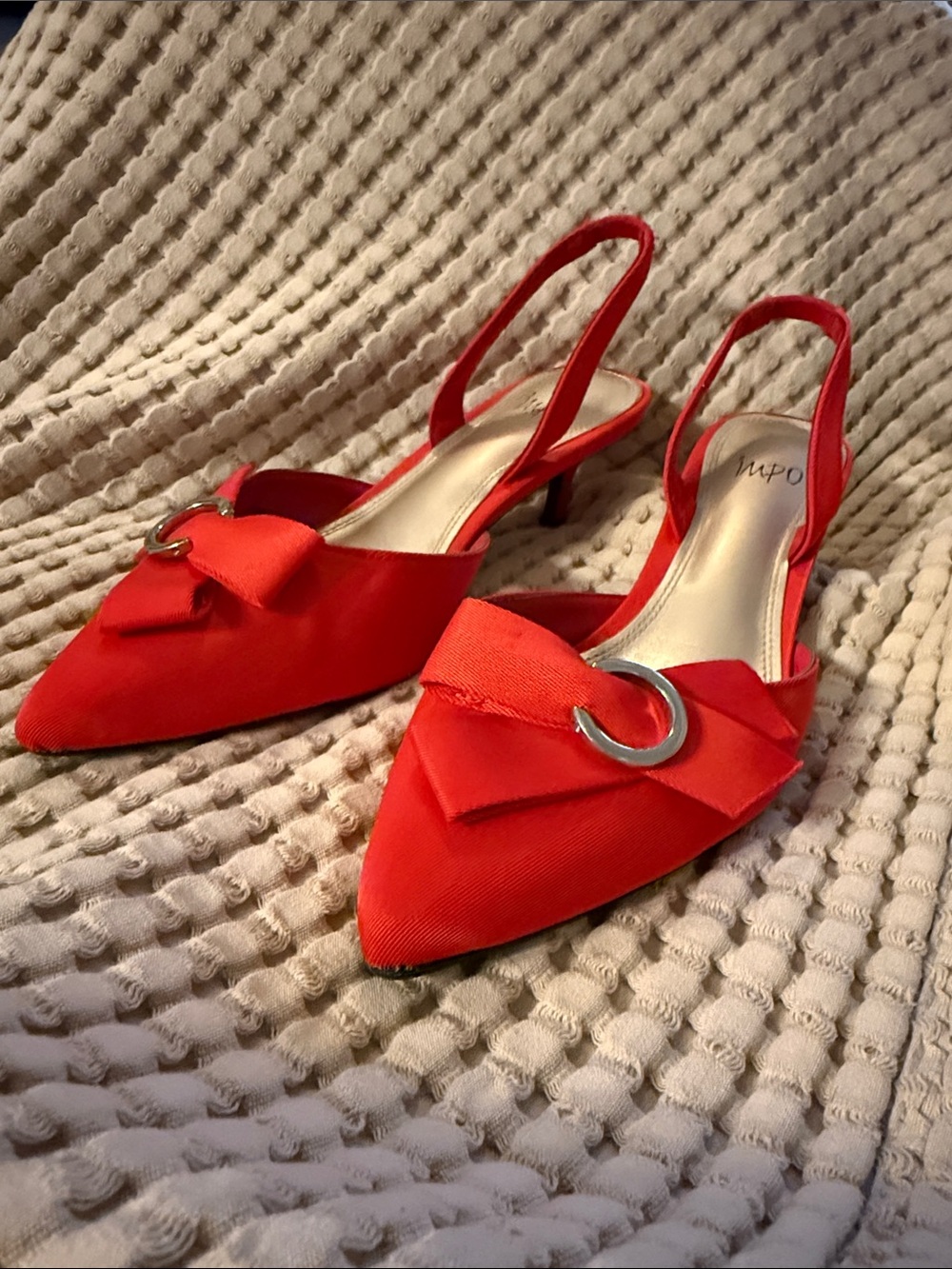 11 Red Slingback Kitten Heel Pumps with Bow Accent